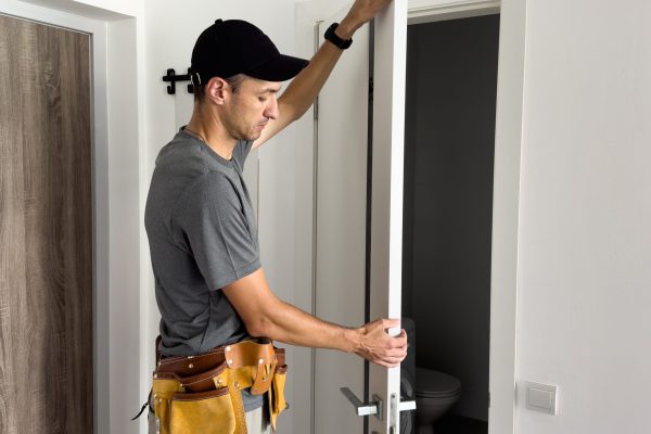 As part of process of installing interior doors in new house, a trim worker uses hammer to strike the door jambs. High quality photo