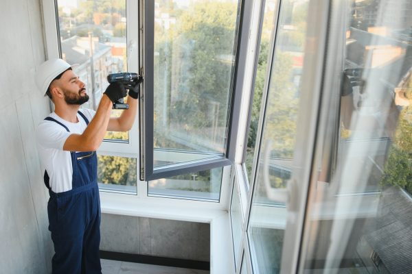 Construction worker installing window in house. Handyman fixing the window with screwdriver.