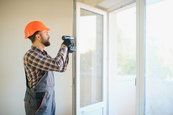 Workman in overalls installing or adjusting plastic windows in the living room at home.